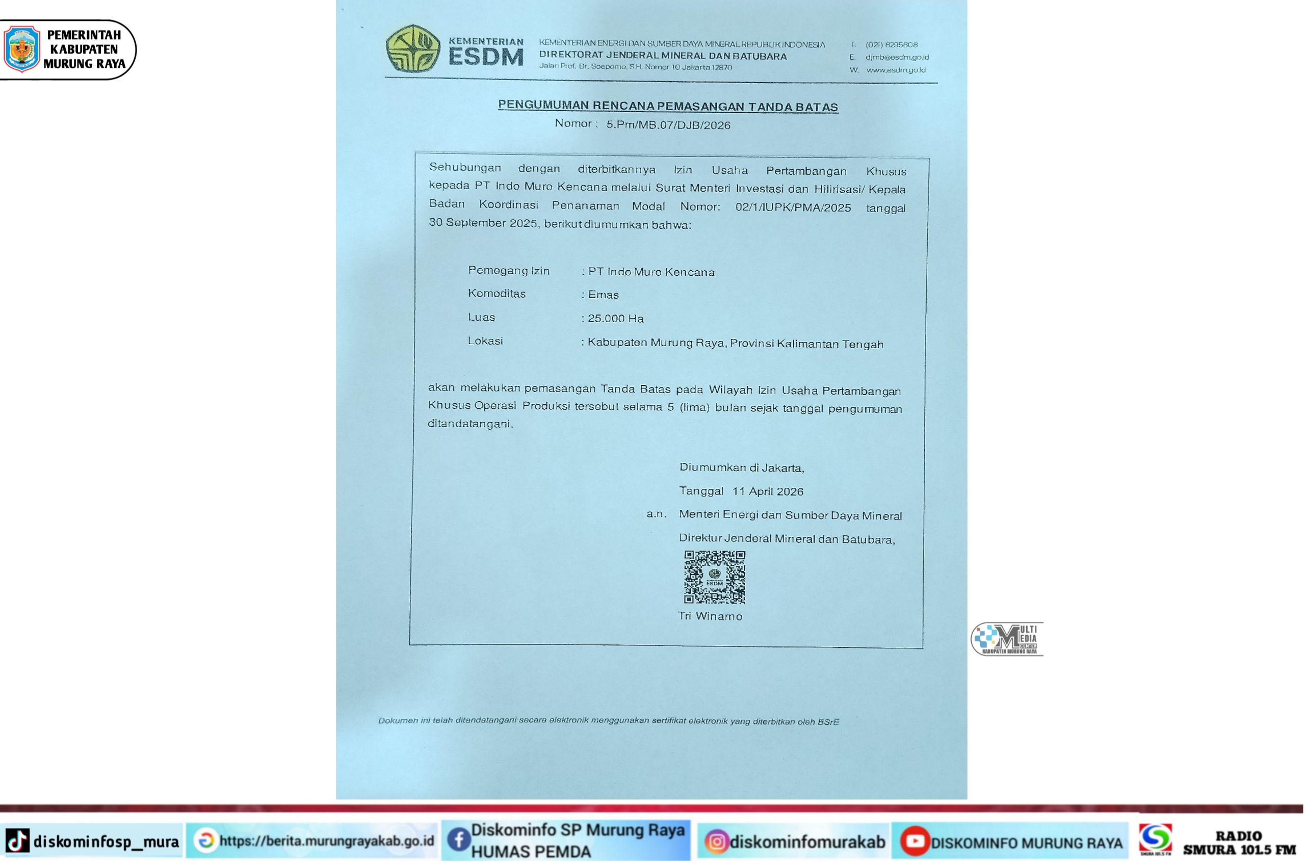 PENGUMUMAN: Rencana Pemasangan Tanda Batas Wilayah Izin Usaha Pertambangan Khusus Operasi Produksi || PT. IMK